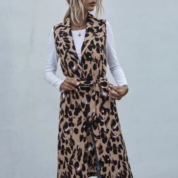 Tan Brown leopard Print Long Vest - Picture 4 of 6